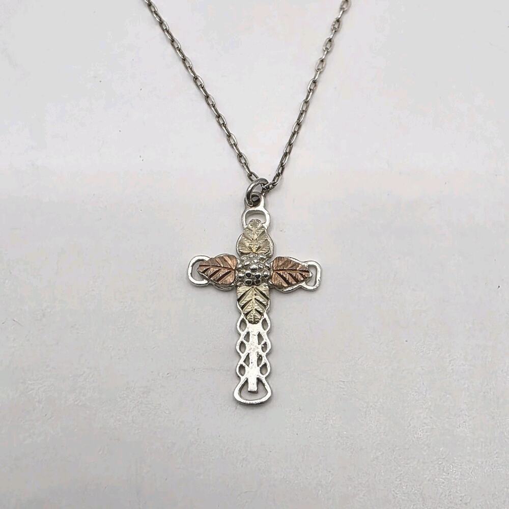 Coleman Co. Black Hills Gold Sterling Silver Cross with Leaves Necklace 18”